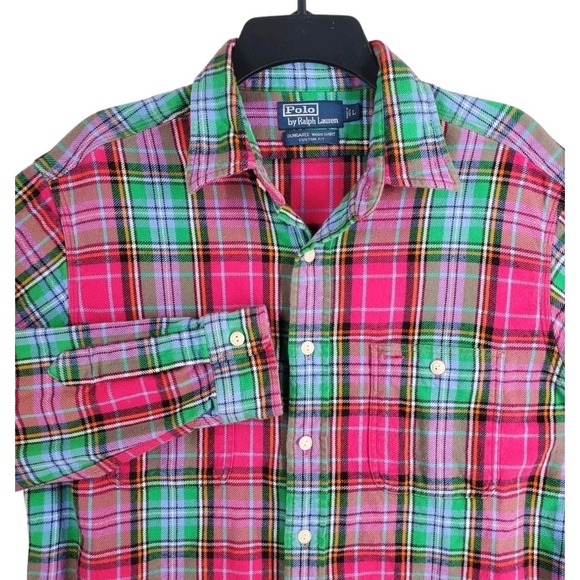 Polo Ralph Lauren Dungaree Work Shirt Mens L Green Red Blanket Flannel Plaid LS - Picture 2 of 12